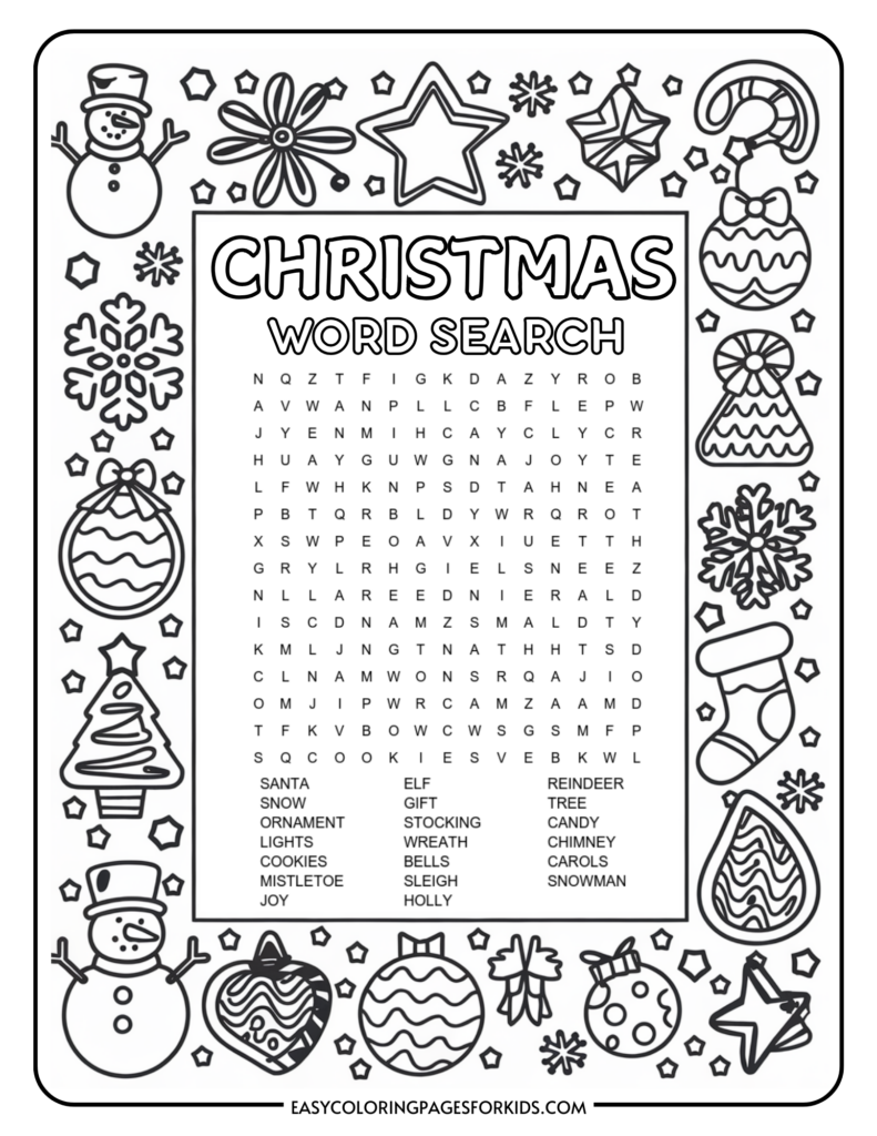 A Christmas-themed word search puzzle for kids, featuring words like Santa, snow, elf, and reindeer, surrounded by festive illustrations like snowflakes, ornaments, stars, and snowmen.