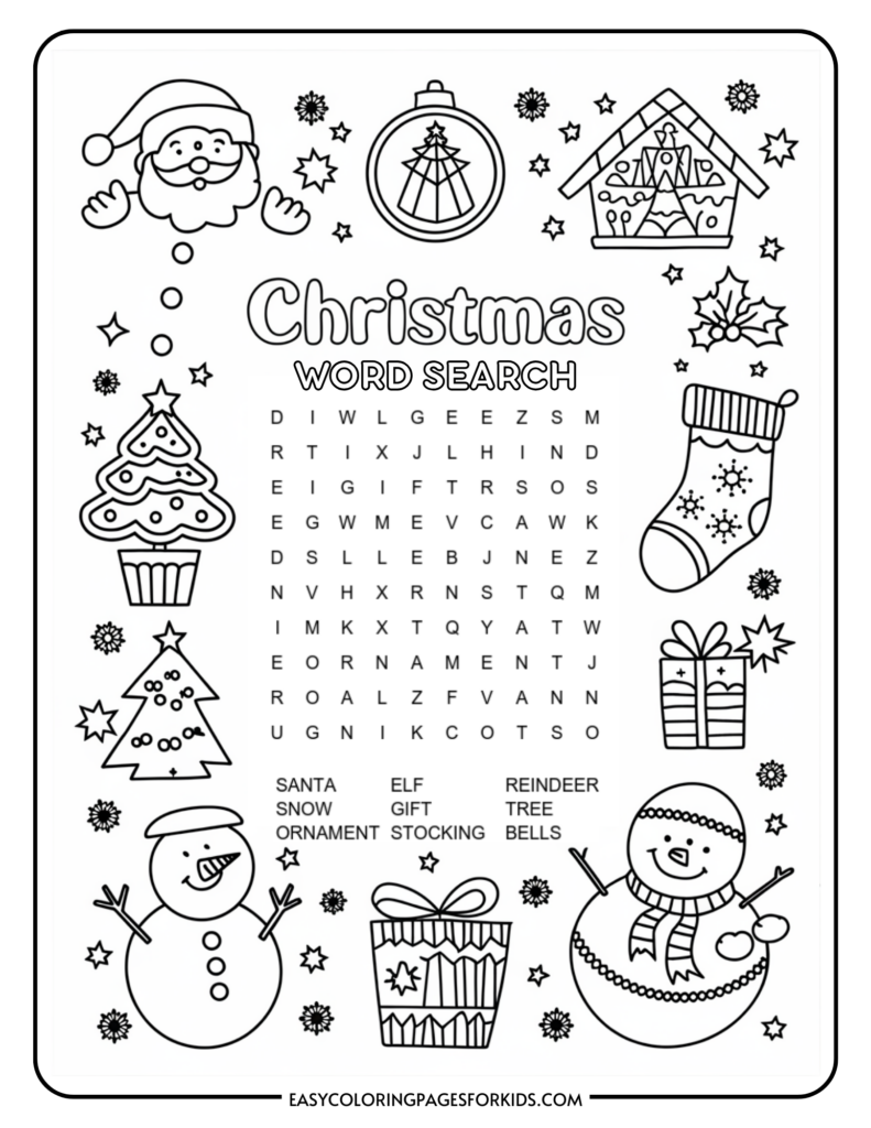 A Christmas-themed word search puzzle for kids, surrounded by illustrations of Santa, a Christmas tree, a snowman, a stocking, and gifts, with words like 'SANTA,' 'ELF,' and 'GIFT' to find.