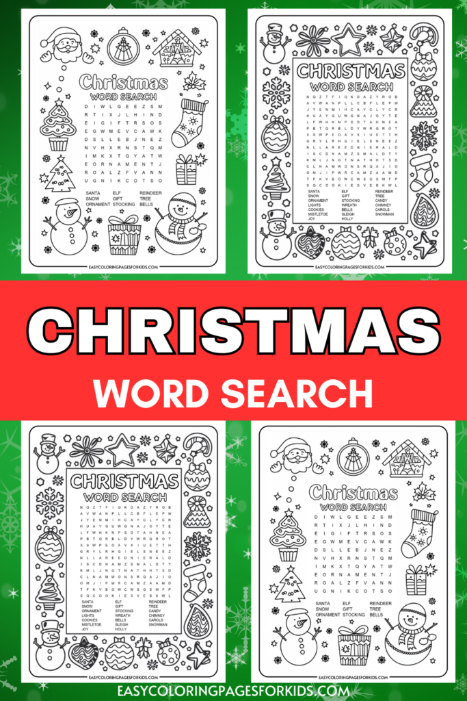 A collage of four Christmas-themed word search puzzles, each featuring festive illustrations like snowmen, Christmas trees, stockings, and ornaments, arranged around a grid of letters with listed words to find. The central banner says "CHRISTMAS WORD SEARCH" in bold text.