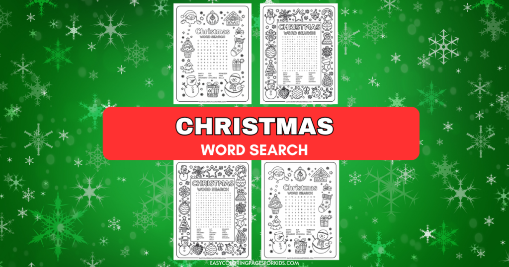 A festive image featuring four Christmas-themed word search puzzles with illustrations of holiday symbols like snowmen, bells, and stockings. The background is a green field with white snowflakes, and a bold red banner across the center reads 'CHRISTMAS WORD SEARCH.'