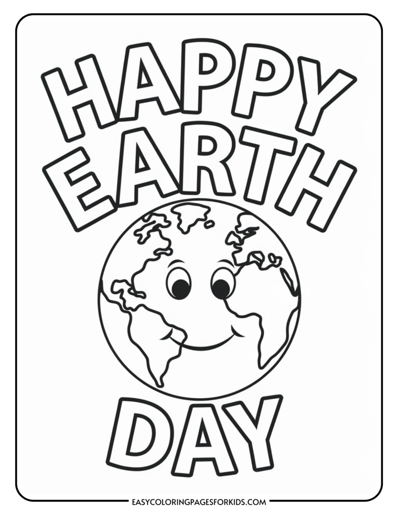 A line drawing of a happy Earth with a smiling face, surrounded by the words 'Happy Earth Day.'