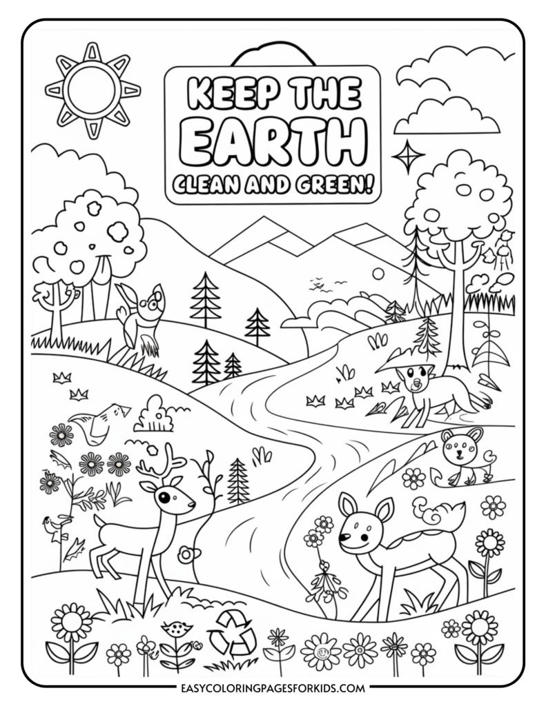 Coloring page featuring a nature scene with animals such as a deer, a fawn, an owl, and a squirrel, surrounded by trees, flowers, and a meandering river. A sun shines above, and the phrase "Keep the Earth Clean and Green!" is prominently displayed at the top.