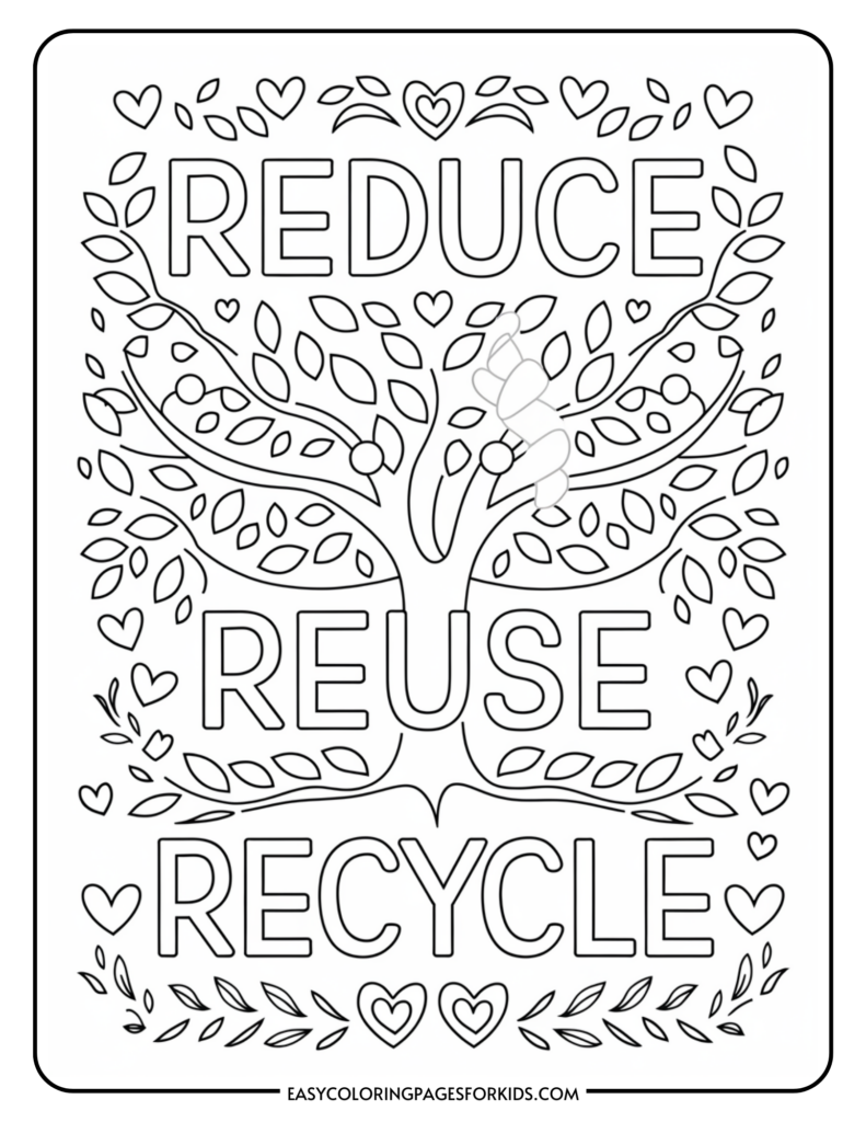 A coloring page featuring a stylized tree with the words "Reduce," "Reuse," and "Recycle" intertwined in the branches, surrounded by leaves and hearts.