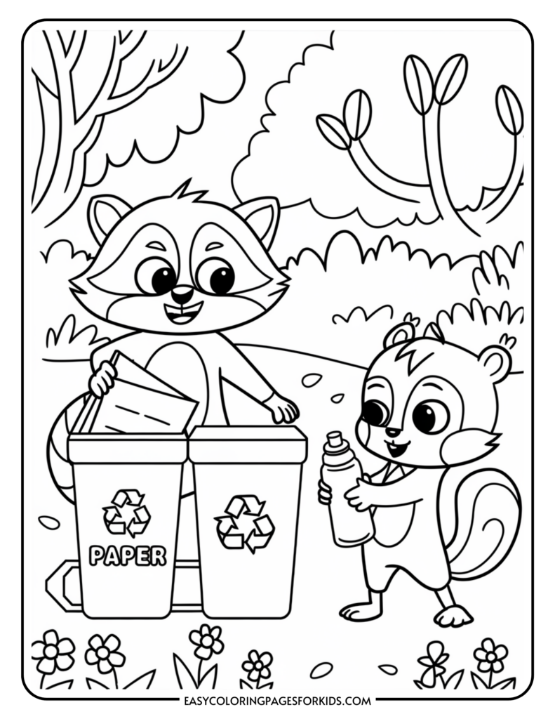 A cartoon raccoon and squirrel are recycling in a park with trees and flowers. The raccoon is holding paper and standing next to recycling bins marked "Paper," while the squirrel holds a bottle.