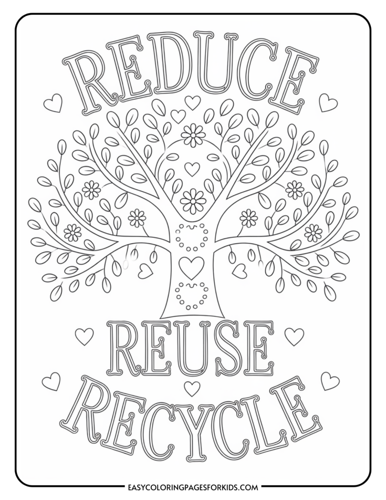 Coloring page featuring the slogans 'Reduce,' 'Reuse,' 'Recycle' surrounding a stylized tree with flowers and leaves, accompanied by scattered heart shapes.