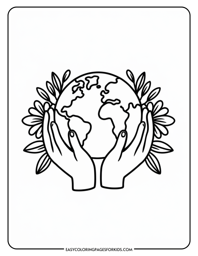 A coloring page illustration featuring two hands holding the Earth, with leaves and flowers surrounding the globe.