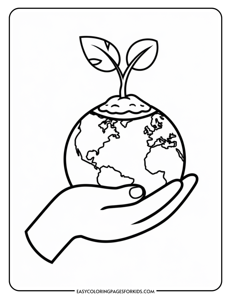 A coloring page with a hand holding a globe that has a plant with two leaves sprouting from the top, symbolizing environmental care and growth.