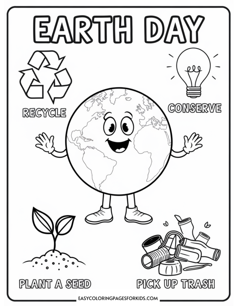 A coloring page for Earth Day featuring a smiling Earth character with arms and legs at the center. Surrounding it are symbols and words: a recycling symbol labeled 'Recycle,' a light bulb labeled 'Conserve,' a sprouting seed labeled 'Plant a Seed,' and a pile of trash labeled 'Pick Up Trash.' The words 'Earth Day' are at the top of the page.