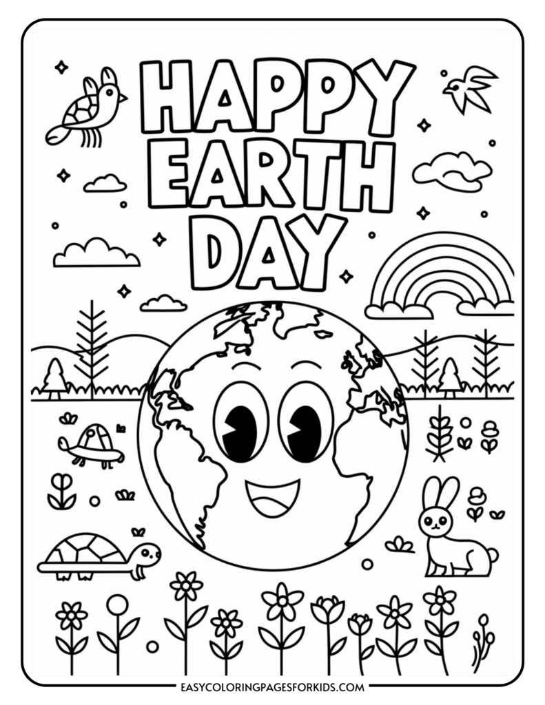 A coloring page featuring a smiling Earth with facial features, surrounded by a bird, a rabbit, a turtle, flowers, trees, clouds, and a rainbow, with the text 'Happy Earth Day' at the top.