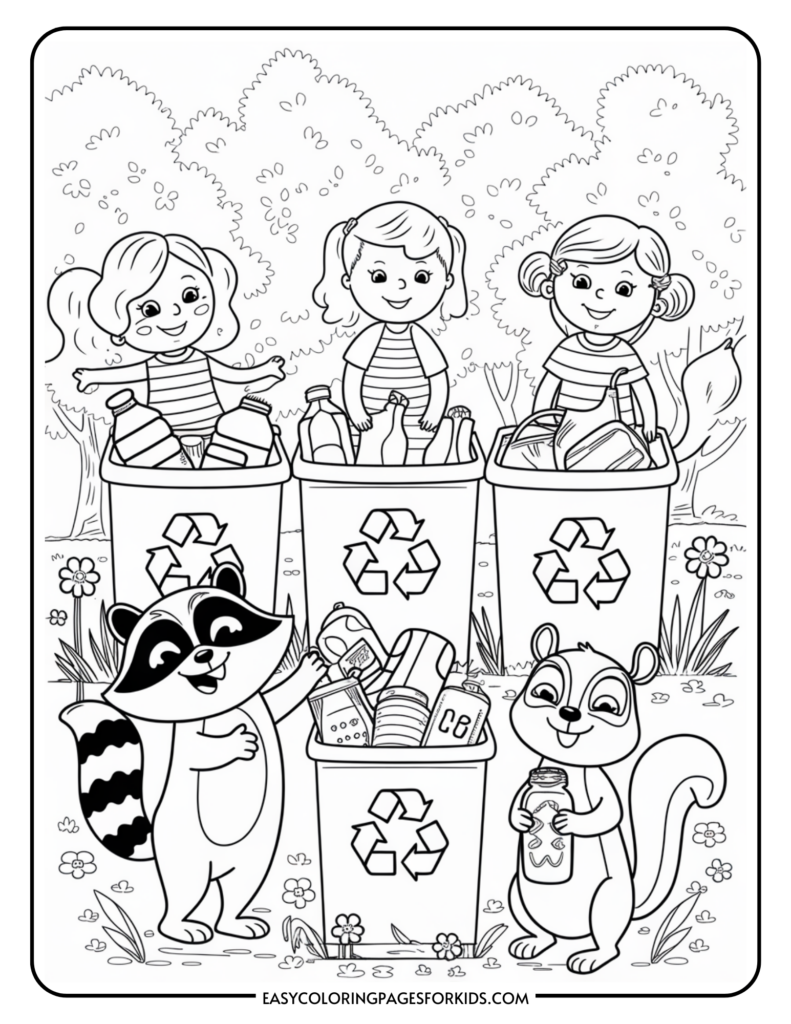 A coloring page featuring three children and two animals smiling while standing next to recycling bins filled with bottles and cans, set against a background of trees and flowers.