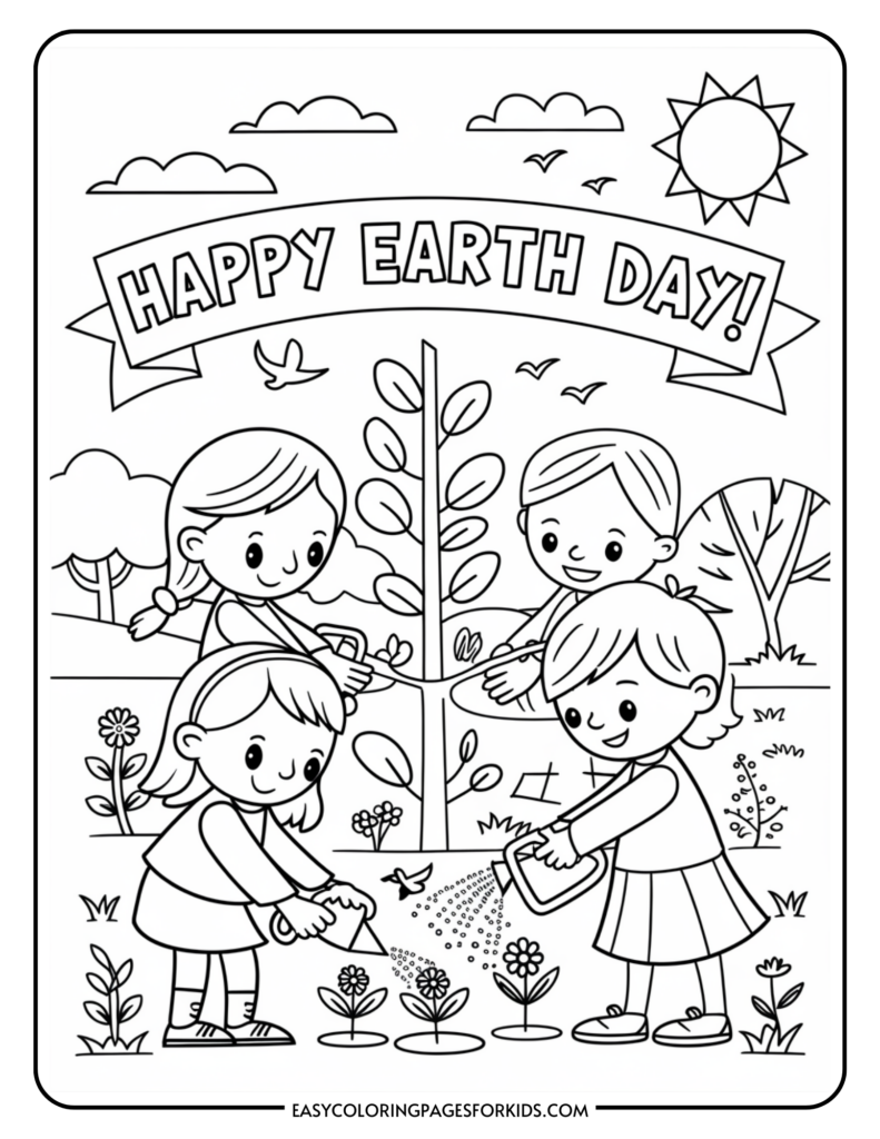 A black and white coloring page featuring children planting and watering flowers and a tree to celebrate Earth Day. The scene includes a bright sun, birds flying, and the text 'Happy Earth Day!' in bold letters at the top. Flowers and greenery surround the characters, illustrating an outdoor setting.