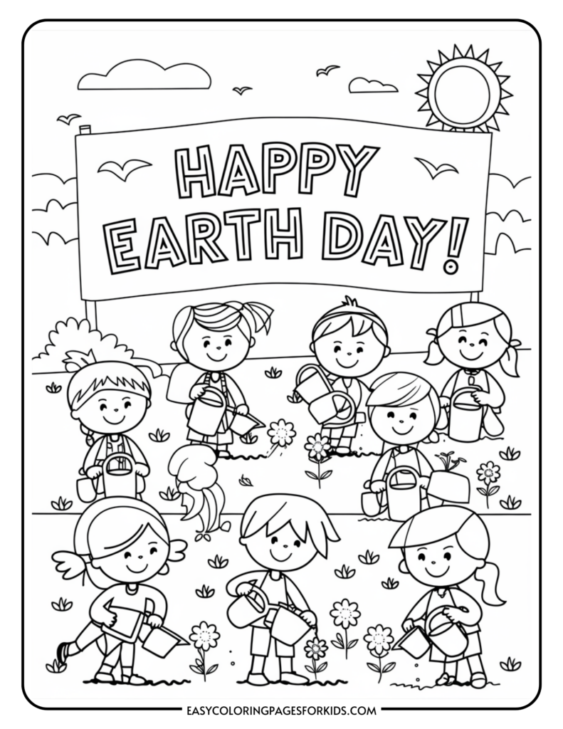 Black and white Earth Day coloring page featuring children holding watering cans and caring for plants under a banner that reads 'Happy Earth Day!' with a sun, clouds, and birds in the background.