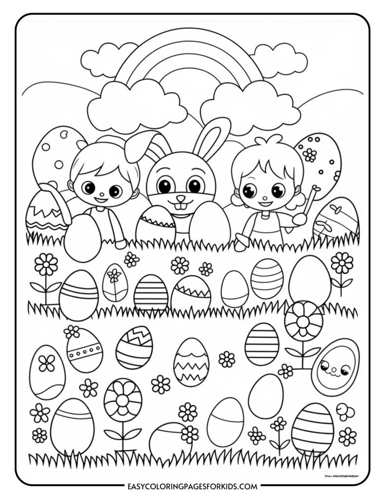 Coloring page featuring a bunny and two children with decorated Easter eggs in a grassy field, with a rainbow and clouds in the background.