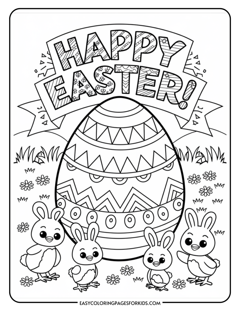 Coloring page featuring a large Easter egg with intricate patterns, surrounded by four cartoon bunnies. Above the egg, the words "Happy Easter!" are prominently displayed. The background includes grass and flowers.