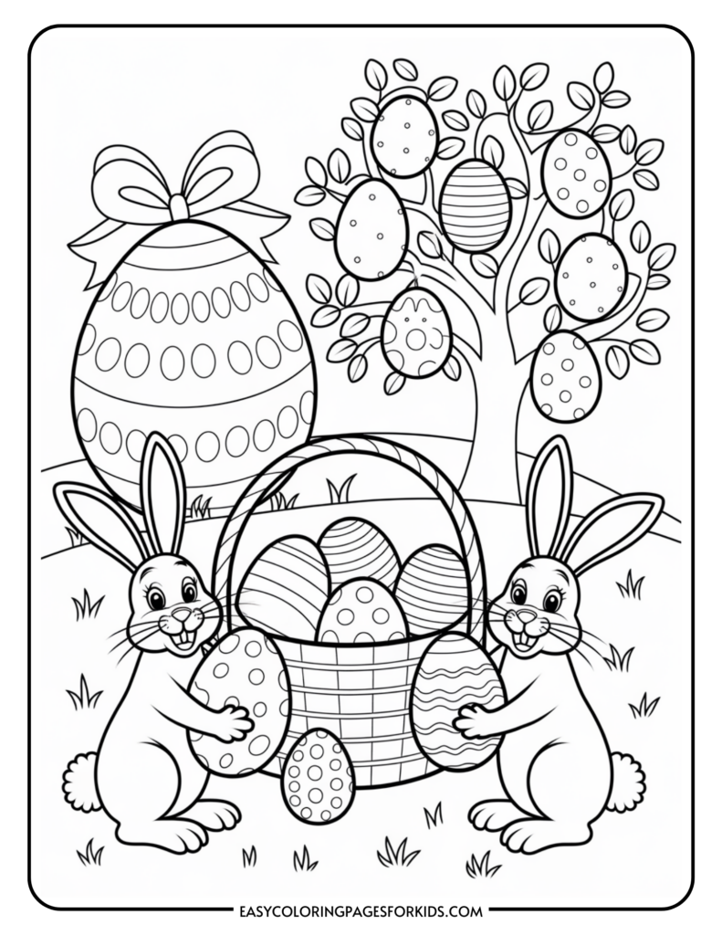 Two cartoon rabbits sit beside a large basket filled with decorated Easter eggs, with a decorative tree and an oversized egg in the background.