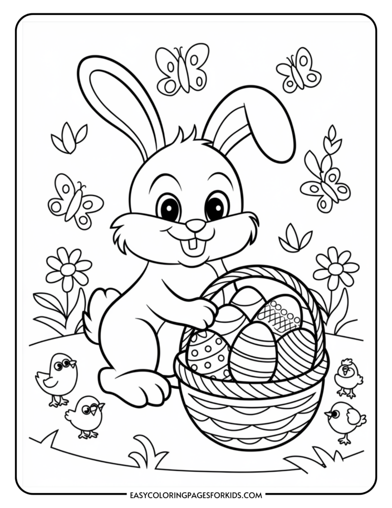 A cartoon bunny holding a basket filled with decorated Easter eggs, surrounded by butterflies and flowers, with three small chicks nearby.