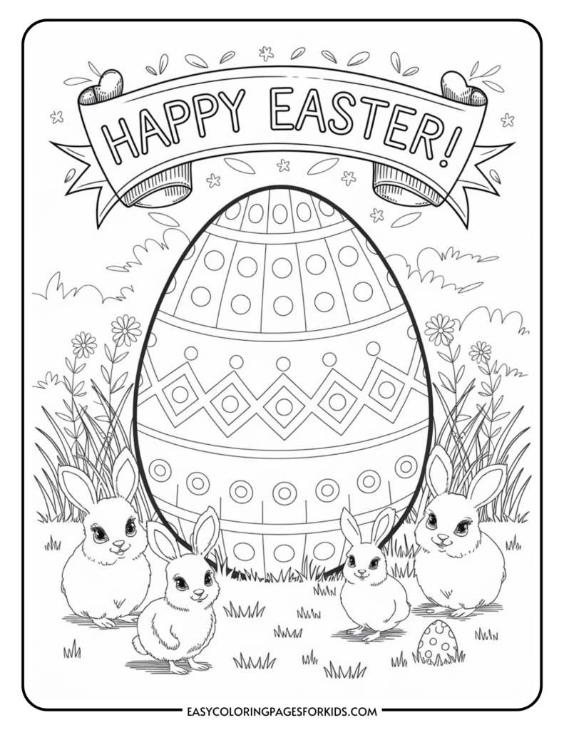 A coloring page featuring a large decorated Easter egg surrounded by four cute bunnies in a grassy setting, with flowers and a "Happy Easter!" banner on top.