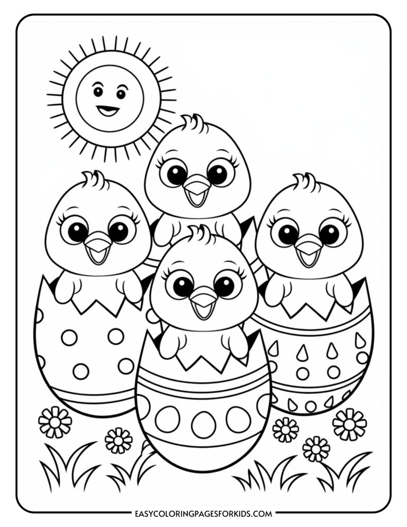 A coloring page featuring four cartoon chicks hatching from decorated eggs under a smiling sun, surrounded by grass and flowers.