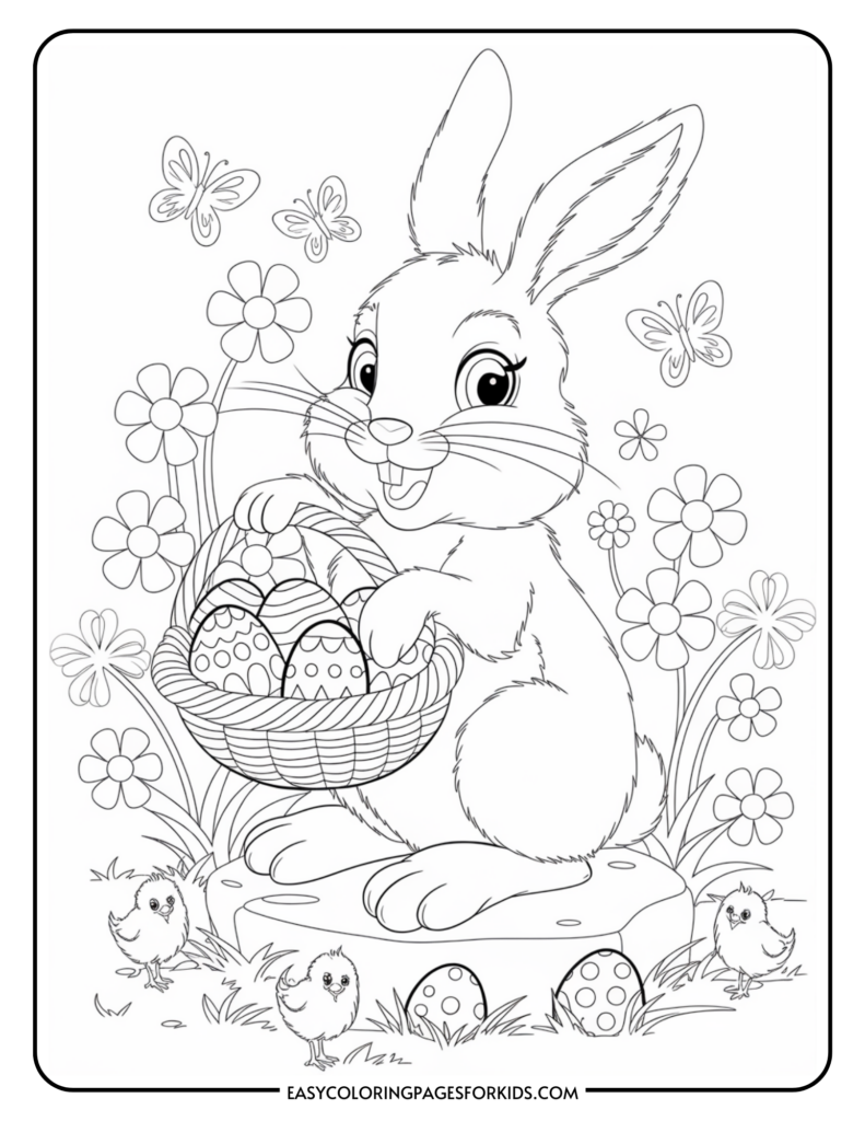 A coloring page featuring a cheerful rabbit holding a basket of decorated Easter eggs, surrounded by flowers, butterflies, and three chicks.