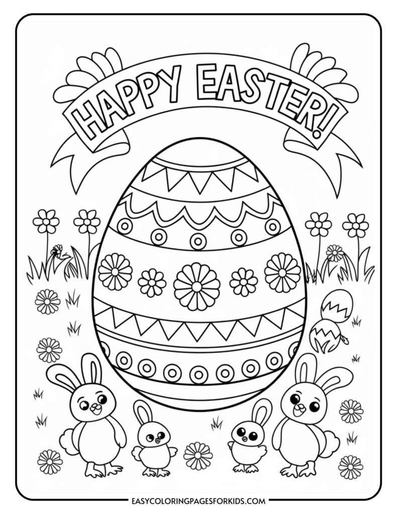 A coloring page featuring a large Easter egg decorated with patterns, surrounded by a group of cute rabbits and flowers, with "Happy Easter!" written above in a banner.