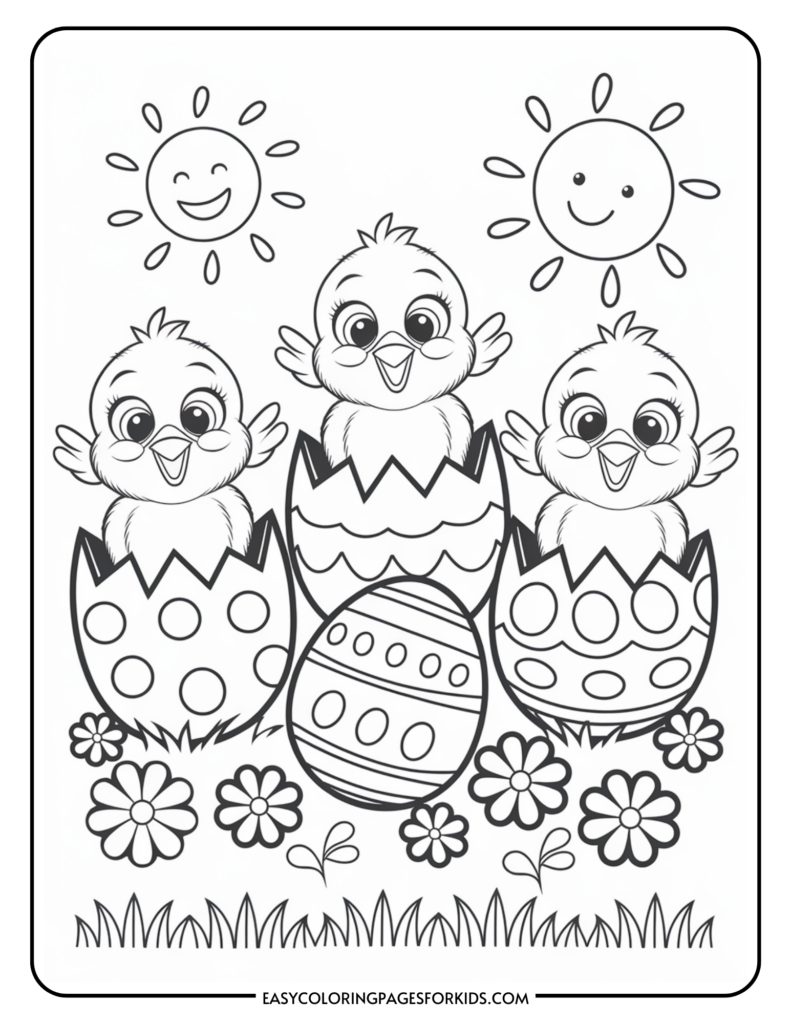 Three smiling chicks hatching from decorated eggs surrounded by flowers, with two cheerful suns in the background.