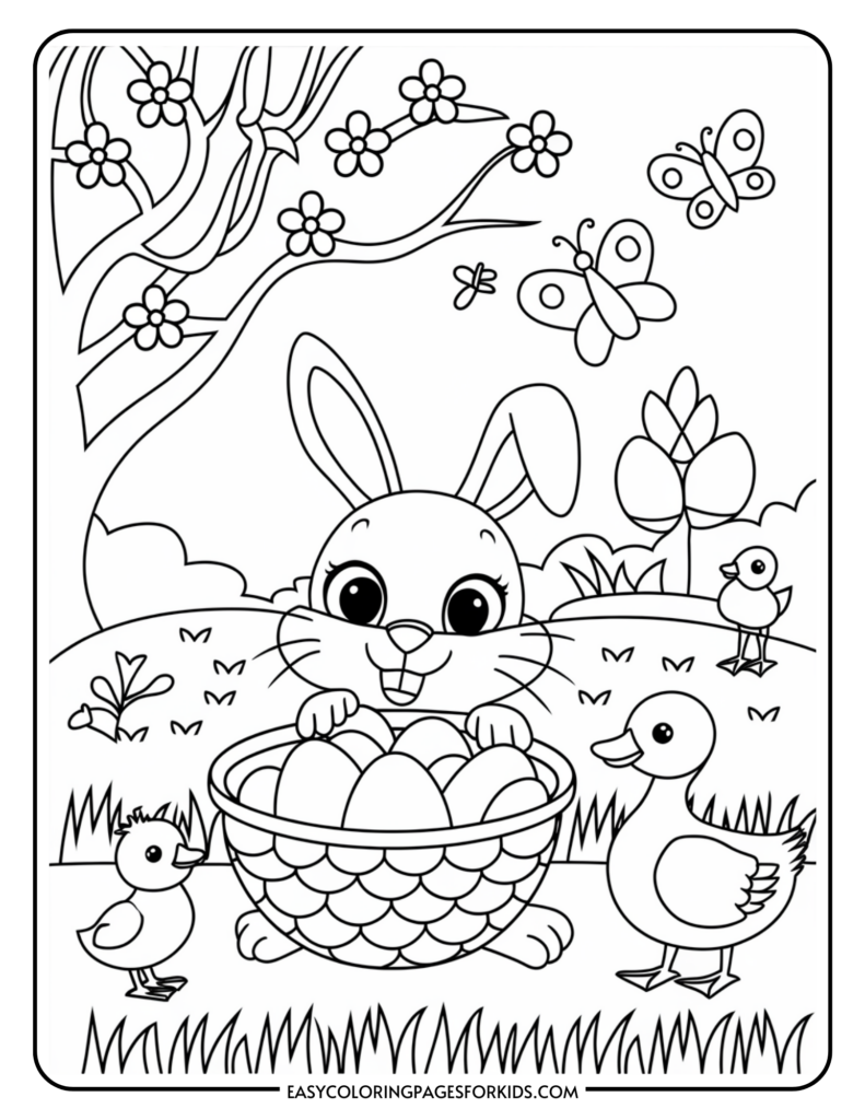 A coloring page featuring a cute rabbit holding a basket full of eggs, surrounded by ducks and butterflies in a grassy field with flowering trees in the background.