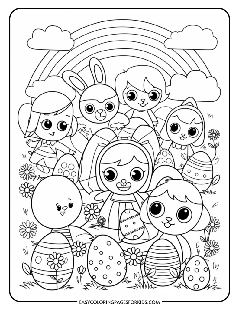 Cartoon animals and a girl with Easter eggs under a rainbow, surrounded by flowers and clouds, in a coloring page style.