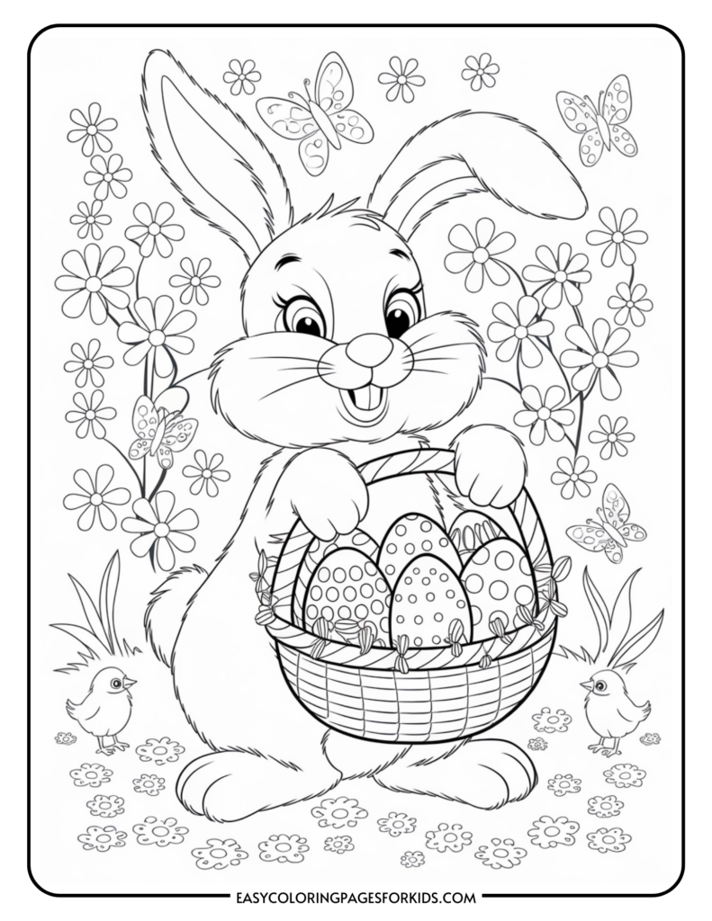 A cute cartoon bunny holding a basket of decorated Easter eggs, surrounded by flowers and butterflies, with a couple of small birds nearby.