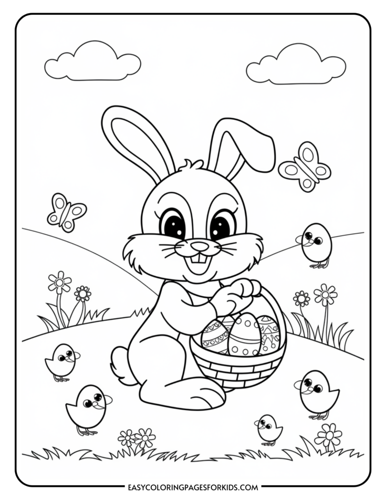 A coloring page of a smiling cartoon rabbit holding a basket filled with decorated Easter eggs, surrounded by flowers, butterflies, and small chicks in a grassy field with a few clouds in the sky.