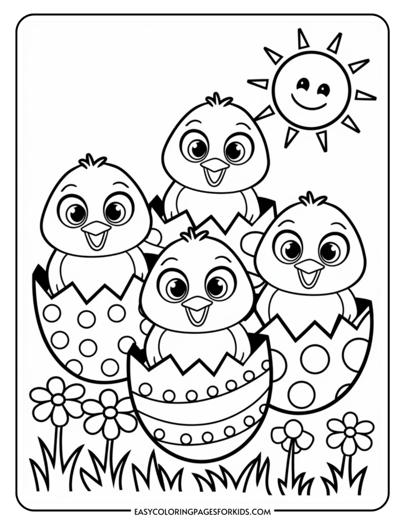 Coloring page featuring four cartoon chicks hatching from decorated eggs, with a smiling sun and flowers in the background.