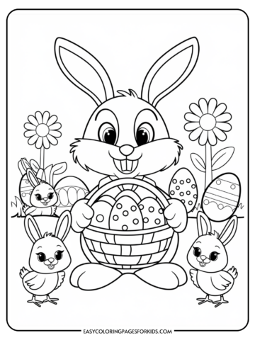 A coloring page featuring a large, smiling Easter bunny holding a basket full of decorated eggs. The bunny is surrounded by two smaller bunnies and two chicks, with flowers and more Easter eggs in the background.