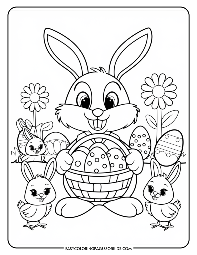 A coloring page featuring a large, smiling Easter bunny holding a basket full of decorated eggs. The bunny is surrounded by two smaller bunnies and two chicks, with flowers and more Easter eggs in the background.