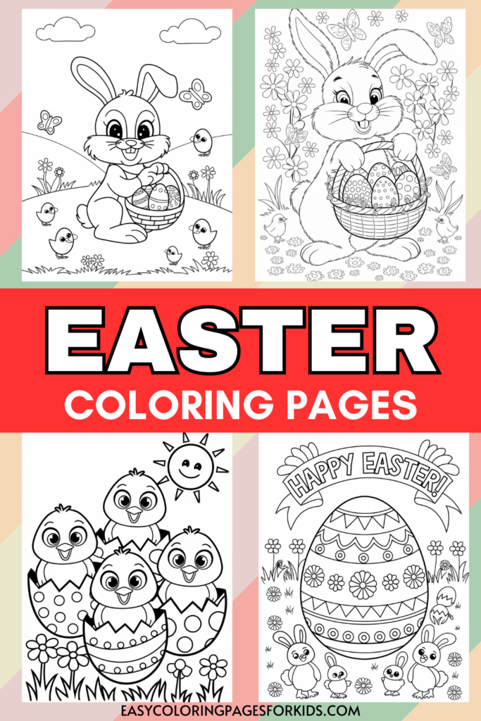 A collection of Easter coloring pages featuring designs of Easter bunnies, chicks, and decorated eggs with the text 'Easter Coloring Pages' prominently displayed in the center.