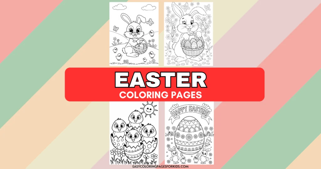 A colorful image featuring four black-and-white Easter coloring pages, each with designs of Easter bunnies, eggs, and chicks, and the words "Easter Coloring Pages" in bold red lettering in the center.