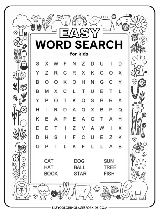 Kindergarten Easy Word Search for Kids (2 Free PDF Pages)