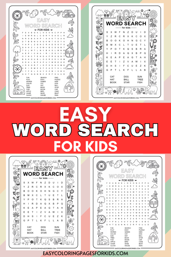 Collage of four easy word search puzzles for kids with various themed illustrations and word lists, featuring playful borders and colorful background.