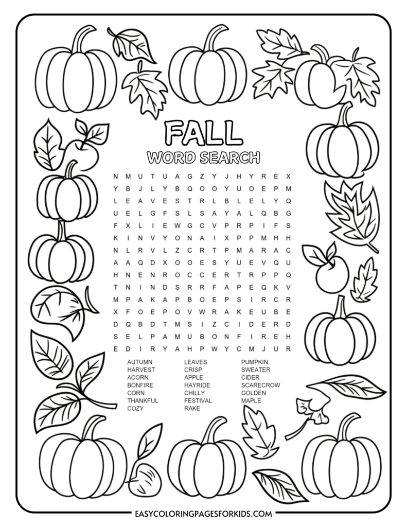 A fall-themed word search puzzle surrounded by illustrations of pumpkins, apples, and leaves. The words to find include autumn, harvest, acorn, bonfire, corn, thankful, cozy, leaves, crisp, apple, hayride, chilly, festival, rake, pumpkin, sweater, cider, scarecrow, golden, and maple.