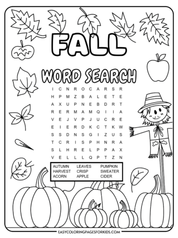 A fall-themed word search puzzle featuring words like 'autumn', 'harvest', 'leaves', and 'pumpkin', surrounded by illustrations of leaves, pumpkins, an apple, and a scarecrow. The puzzle also includes a list of words to find, such as 'acorn', 'crisp', 'apple', 'sweater', and 'cider'.