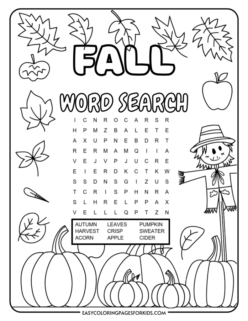 A fall-themed word search puzzle featuring words like 'autumn', 'harvest', 'leaves', and 'pumpkin', surrounded by illustrations of leaves, pumpkins, an apple, and a scarecrow. The puzzle also includes a list of words to find, such as 'acorn', 'crisp', 'apple', 'sweater', and 'cider'.