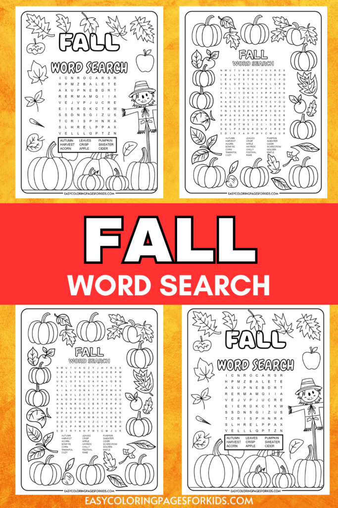 A collection of printable fall-themed word search puzzles with illustrations of pumpkins, leaves, and a scarecrow on each page, accompanied by a bold red banner stating "FALL WORD SEARCH" in the center.