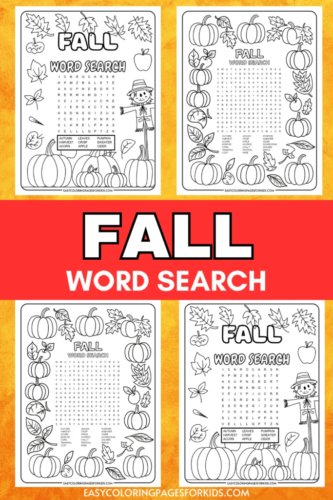 A collection of printable fall-themed word search puzzles with illustrations of pumpkins, leaves, and a scarecrow on each page, accompanied by a bold red banner stating "FALL WORD SEARCH" in the center.