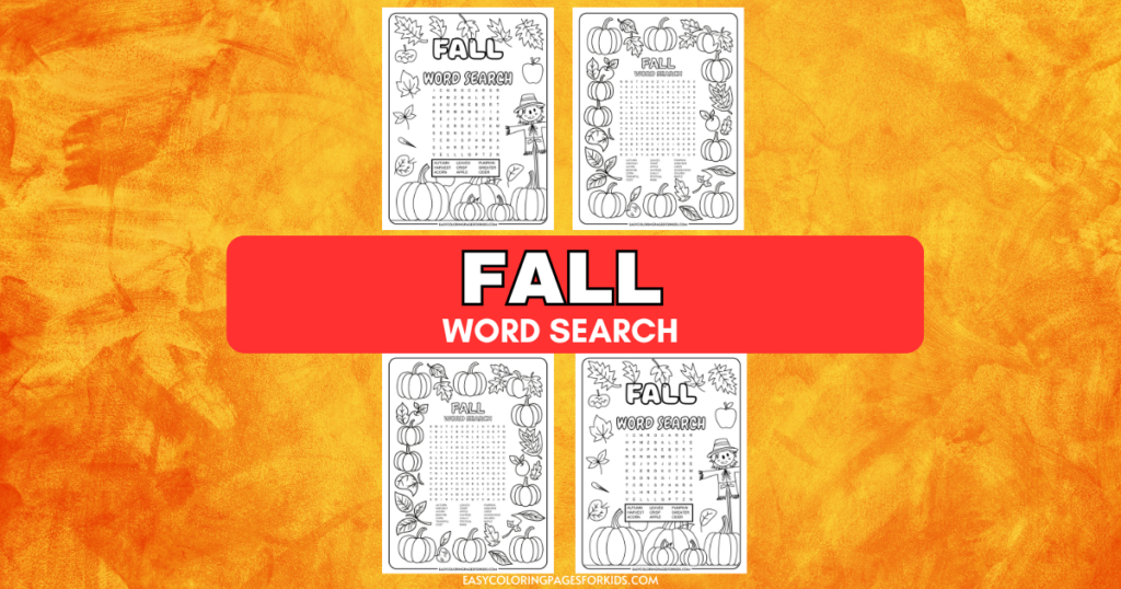 A collection of fall-themed word search puzzles with illustrations of autumn leaves, pumpkins, and a scarecrow, set against an orange textured background. The central bold text reads 'FALL WORD SEARCH.'