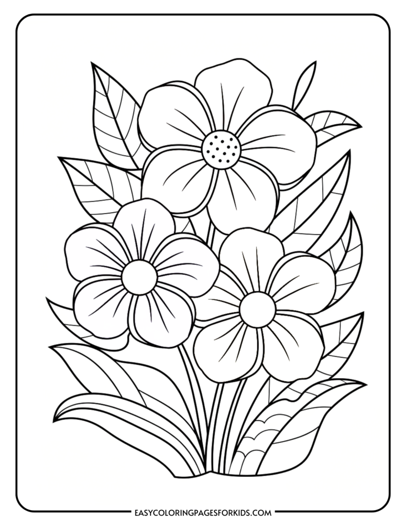 Black and white illustration of a bouquet with three large flowers and multiple leaves, designed for coloring.