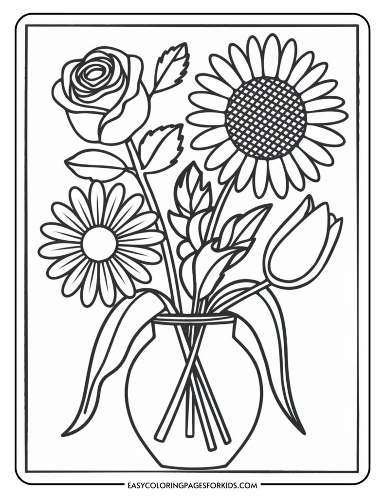 A black and white coloring page featuring a vase with a variety of flowers, including a rose, sunflower, daisy, and tulip, drawn in simple outlines.