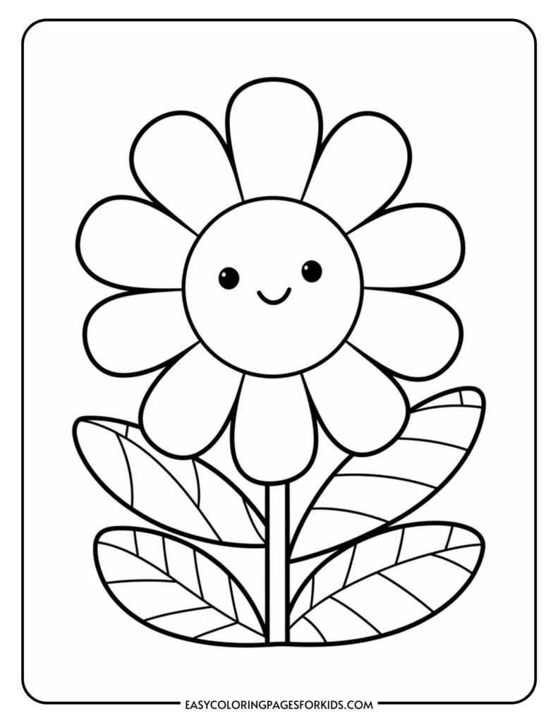 A simple black-and-white coloring page featuring a cartoon flower with a smiling face in the center and large petals, accompanied by three leaves at the base.