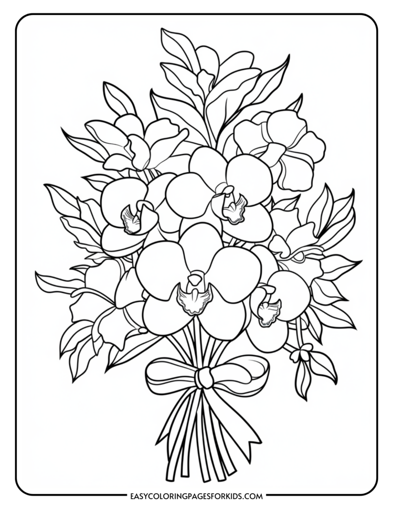 Black and white line drawing of a bouquet of orchids with leaves, tied together with a ribbon bow at the bottom.