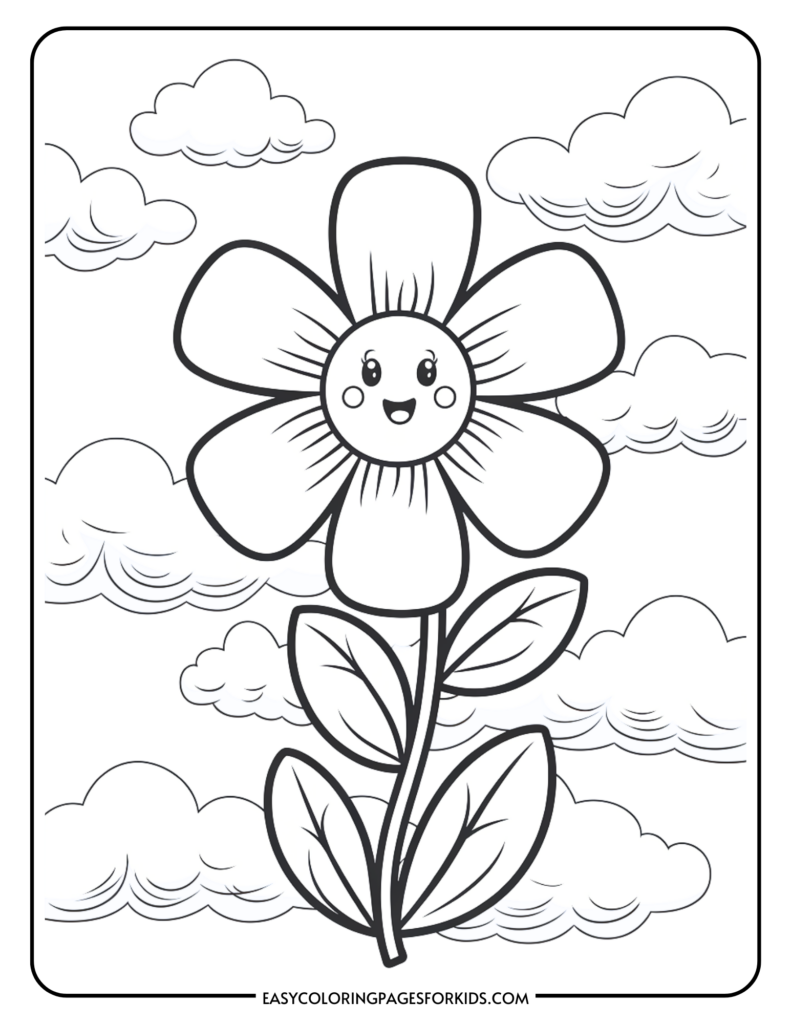 Black and white illustration of a smiling flower with six petals, two leaves on its stem, and clouds in the background.