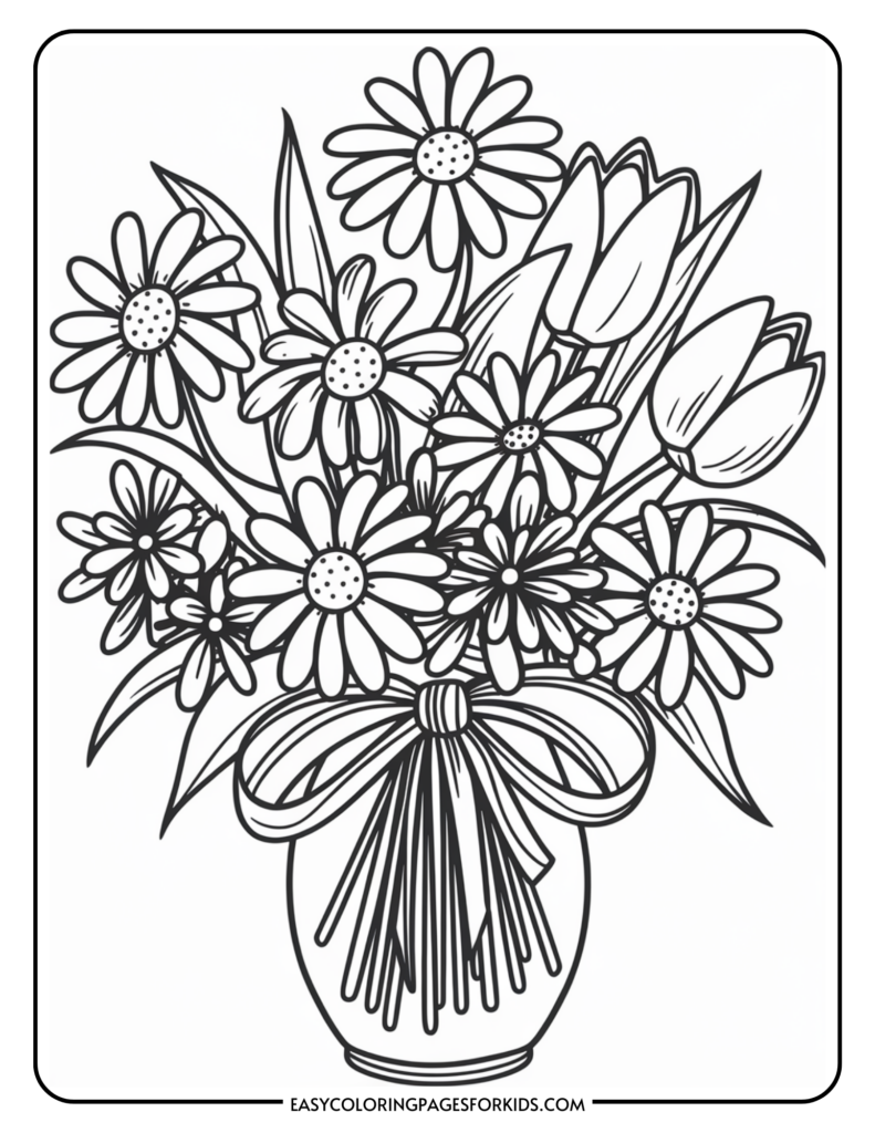 A coloring page showing a bouquet of flowers in a vase, featuring daisies and tulips with a ribbon tied around the vase.