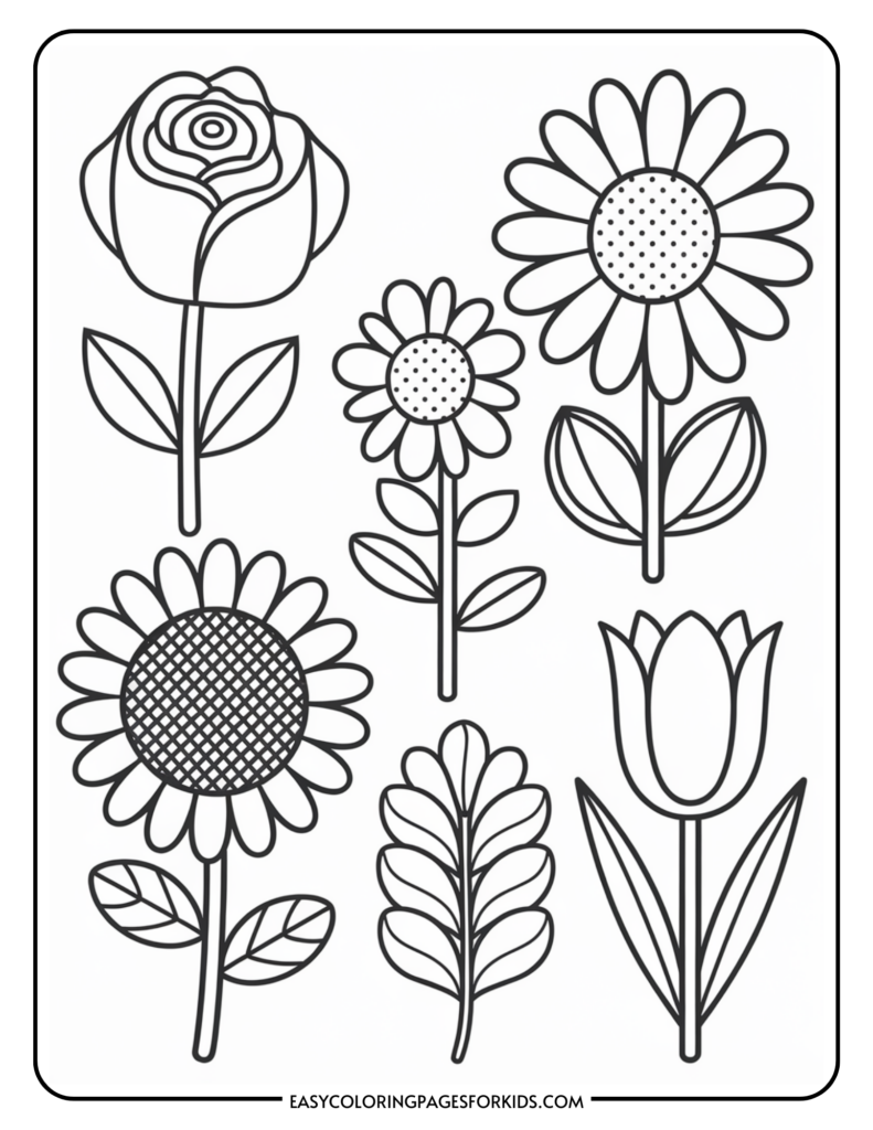 A black and white coloring page featuring drawings of six different flowers including a rose, two daisies, a sunflower, a tulip, and a leaf, designed for kids to color.