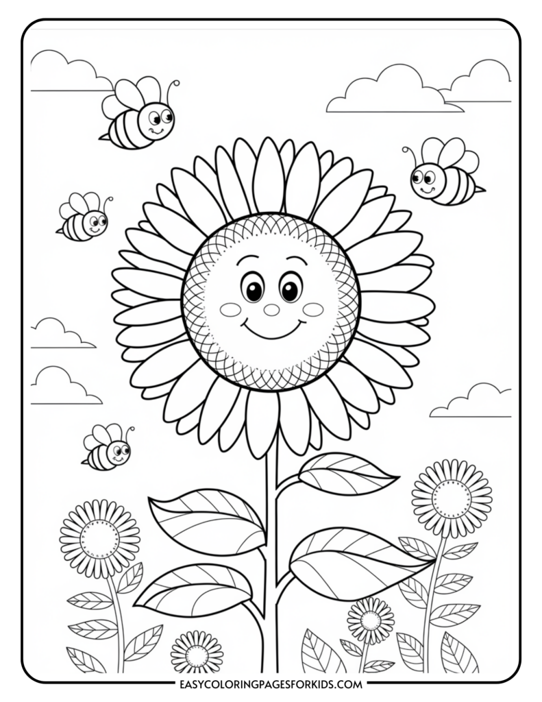 A coloring page featuring a smiling sunflower with a face, surrounded by flying bees and clouds in the background. Several smaller sunflowers are visible at the bottom of the page.